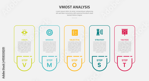 vmost analysis infographic outline style with 5 point template with round vertical box container with badge on bottom for slide presentation