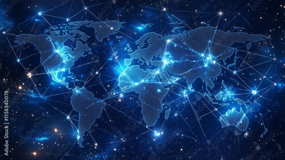 Fototapeta premium Global network connections visualized on a world map. Bright blue lines and nodes illuminate the interconnectedness of the planet.