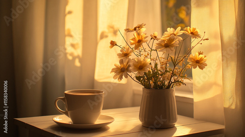 Wallpaper Mural Warm sunlight filters through curtains illuminating coffee and flowers.  Torontodigital.ca