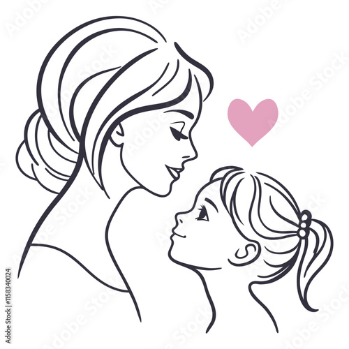 mother and daughter holding hand line art vector on white background.