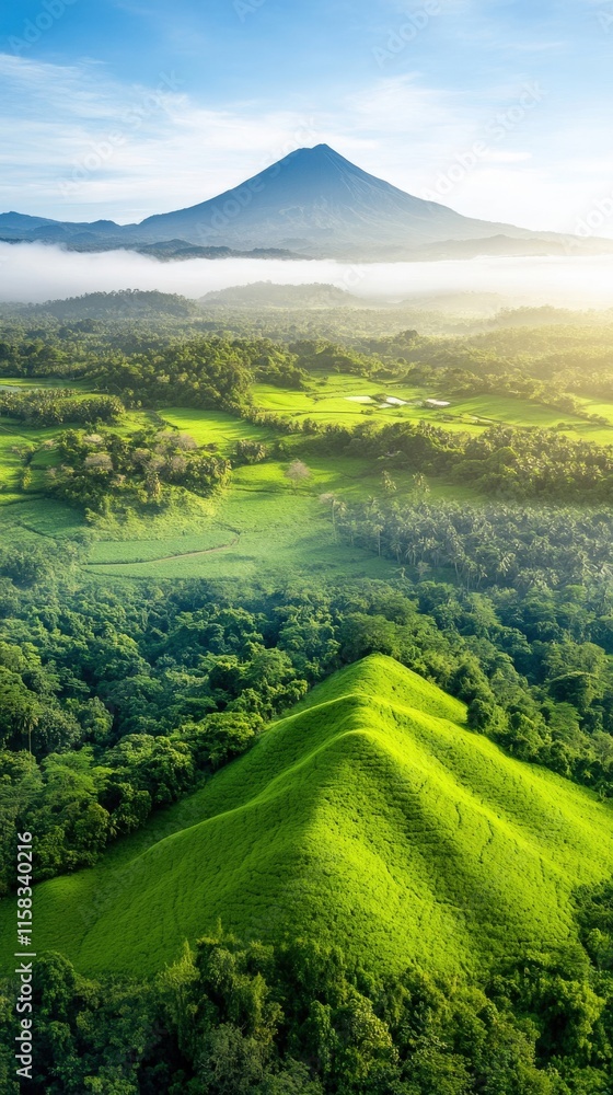 Obraz premium Breathtaking Aerial View of Lush Green Landscape With Mountain Peak in the Background Under Bright Blue Sky and Soft White Clouds at Sunrise or Sunset