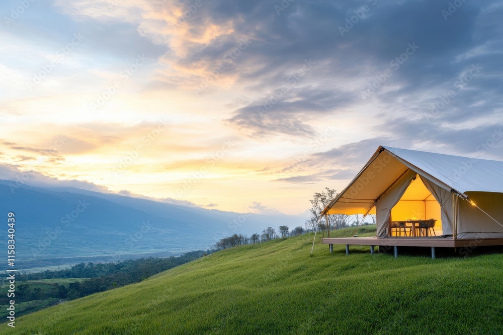 Scenic Glamping Tent on a Green Hilltop Overlooking a Beautiful Sunset with Dramatic Clouds and Lush Nature in the Background Scenic Glamping Tent on a Green Hilltop Overlooking a Beautiful Sunset with Dramatic Clouds and Lush Nature in the Background