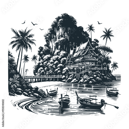 The Chao Phraya river boat. Black white logo icon vector isolated. 