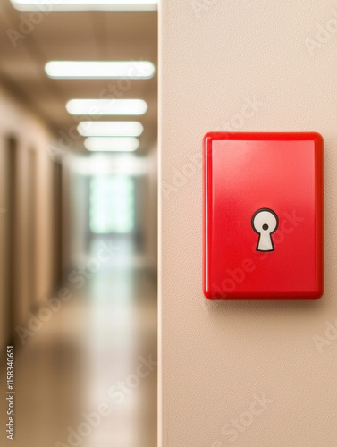 Close-up of a red key box with a keyhole in a modern hallway. photo