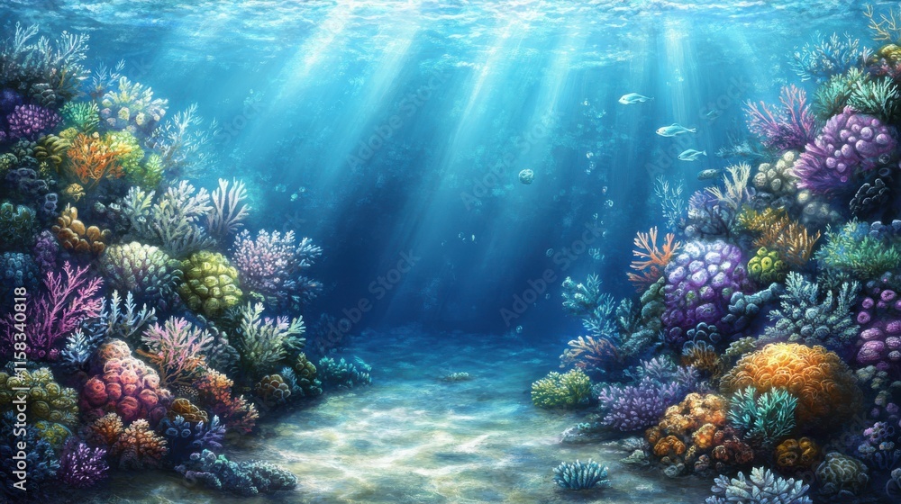 Obraz premium Vibrant Coral Reef Illuminated by Sunlight