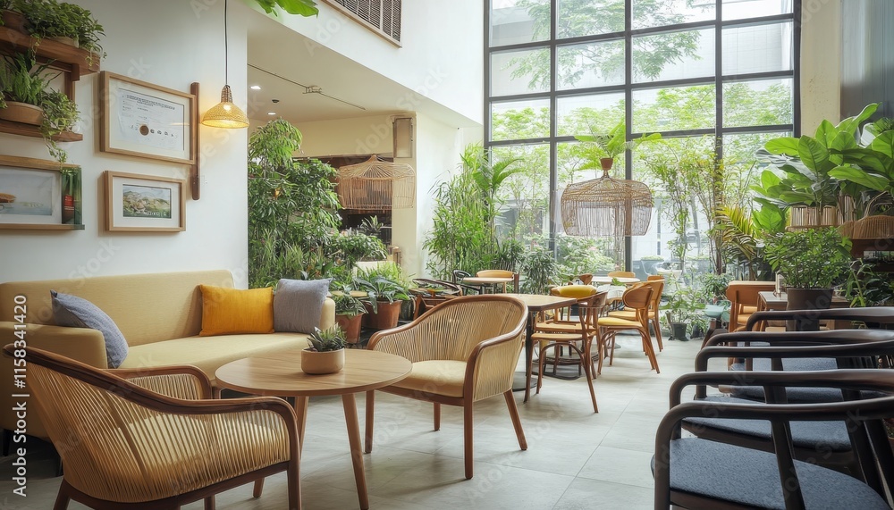Fototapeta premium Tranquil Indoor Cafe With Lush Greenery and Rattan Furniture