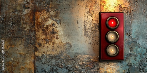 A vintage traffic light against a textured wall background.