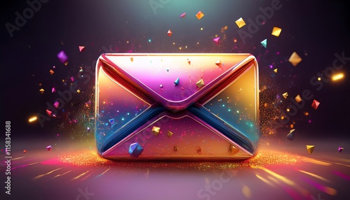 A vibrant, animated envelope bursting with colorful particles, symbolizing digital communication and creativity.