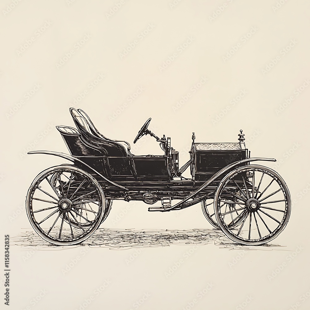 Ink Drawing of an Antique Automobile, Classic Car Illustration. Ink Drawing of an Antique Automobile, Classic Car Illustration.