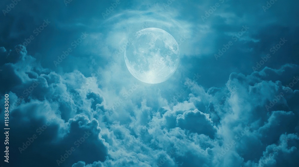 A serene night sky featuring a bright moon surrounded by ethereal clouds. A serene night sky featuring a bright moon surrounded by ethereal clouds.