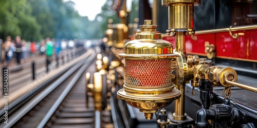 Vintage steam train close-up with shiny brass details and tracks.