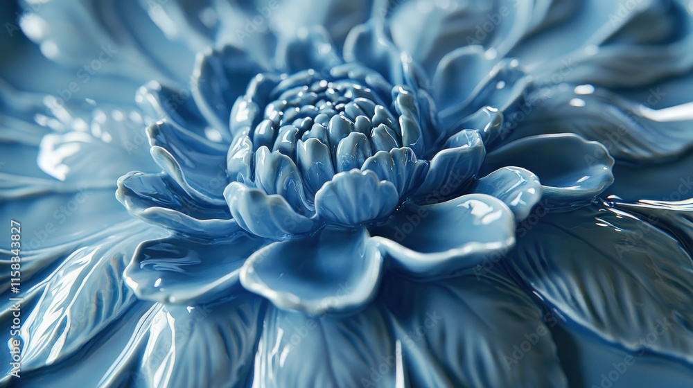 A detailed blue ceramic flower sculpture showcasing intricate petal designs and textures. A detailed blue ceramic flower sculpture showcasing intricate petal designs and textures.