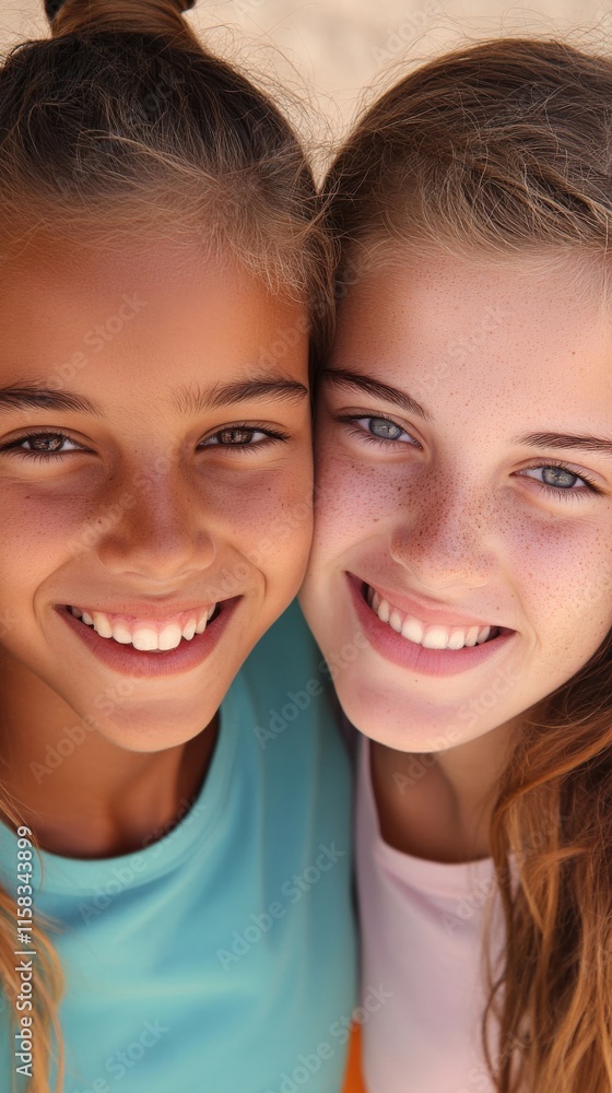 Joyful Diversity of Friendship Between Two Teenage Girls Smiling Together with Natural Beauty Against a Bright Background in a Fun and Playful Atmosphere