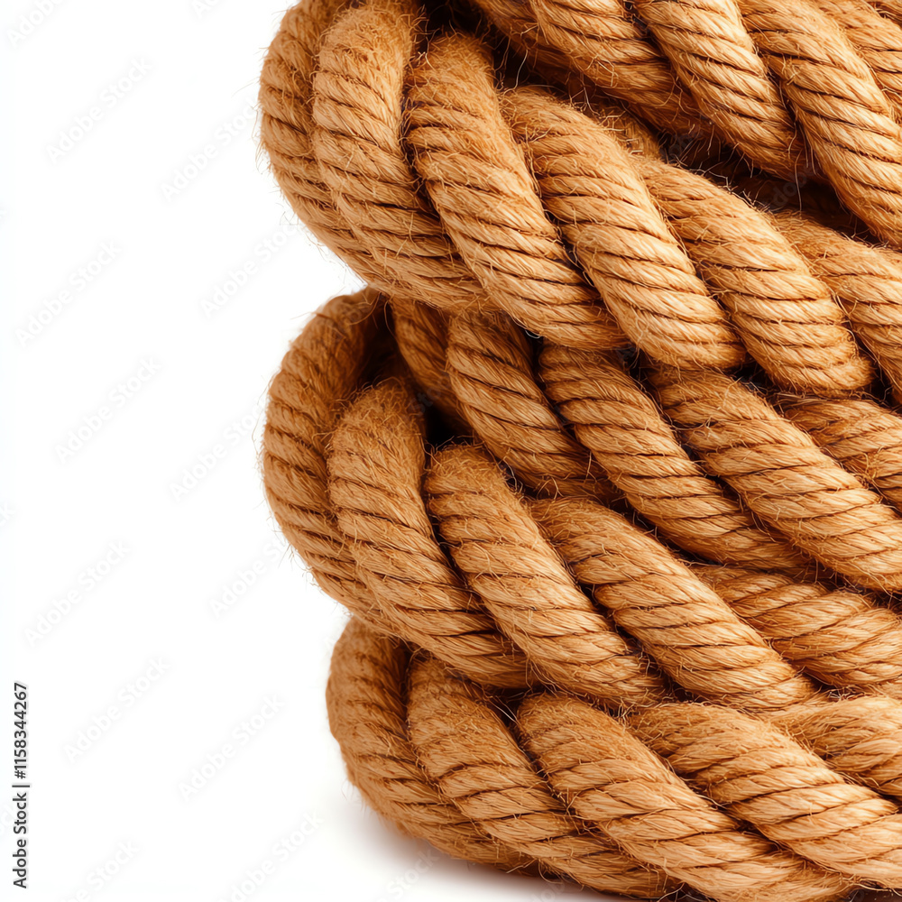 Coiled brown rope isolated on a white background, perfect for nautical or DIY project themes. Coiled brown rope isolated on a white background, perfect for nautical or DIY project themes.
