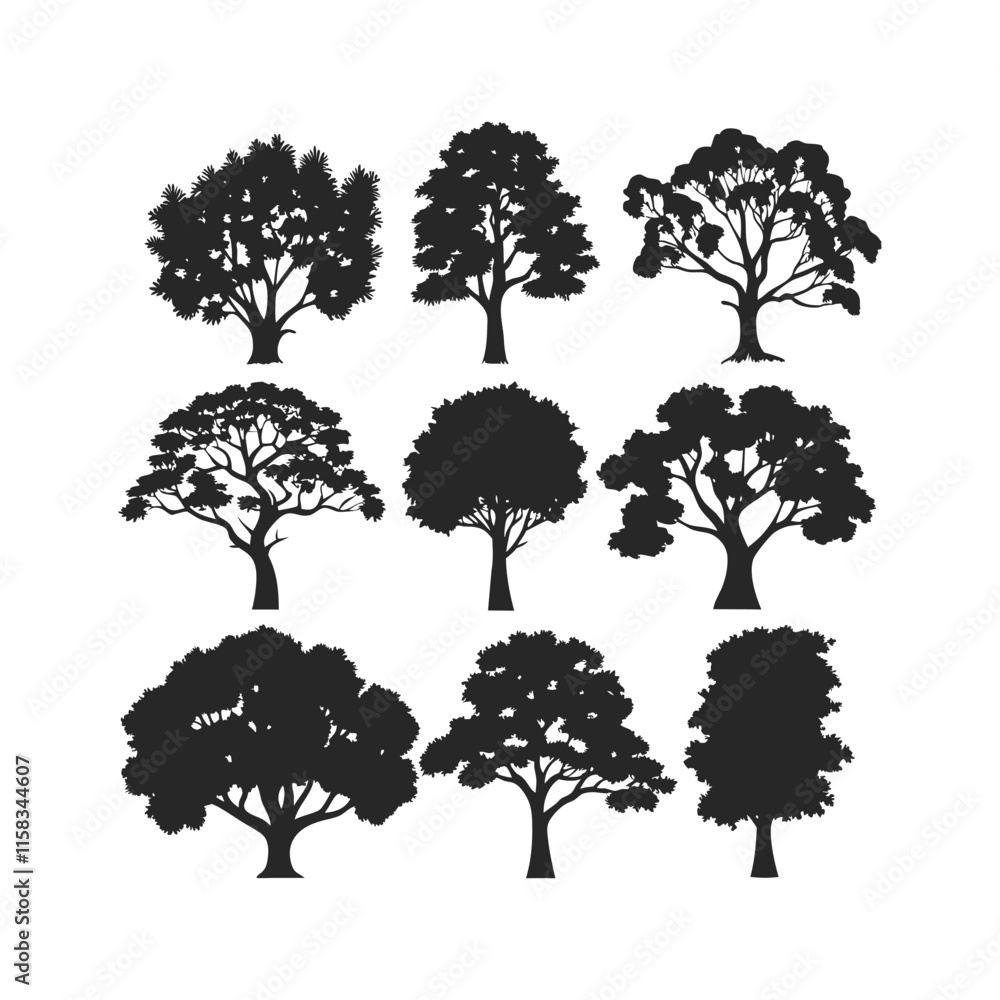 Fototapeta premium Minimalist Tree Silhouette Vector Art Set Ideal for Nature, Environment, and Landscape Designs