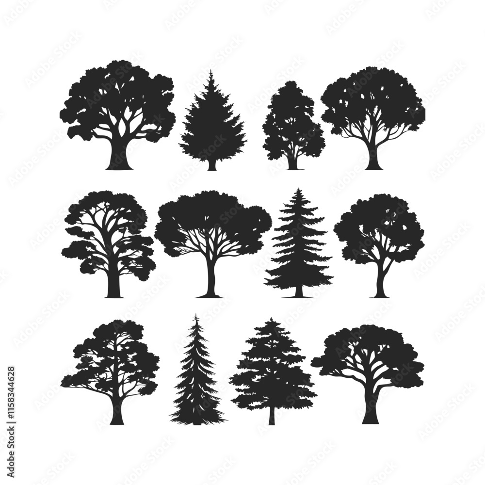 Fototapeta premium Minimalist Tree Silhouette Vector Art Set Ideal for Nature, Environment, and Landscape Designs