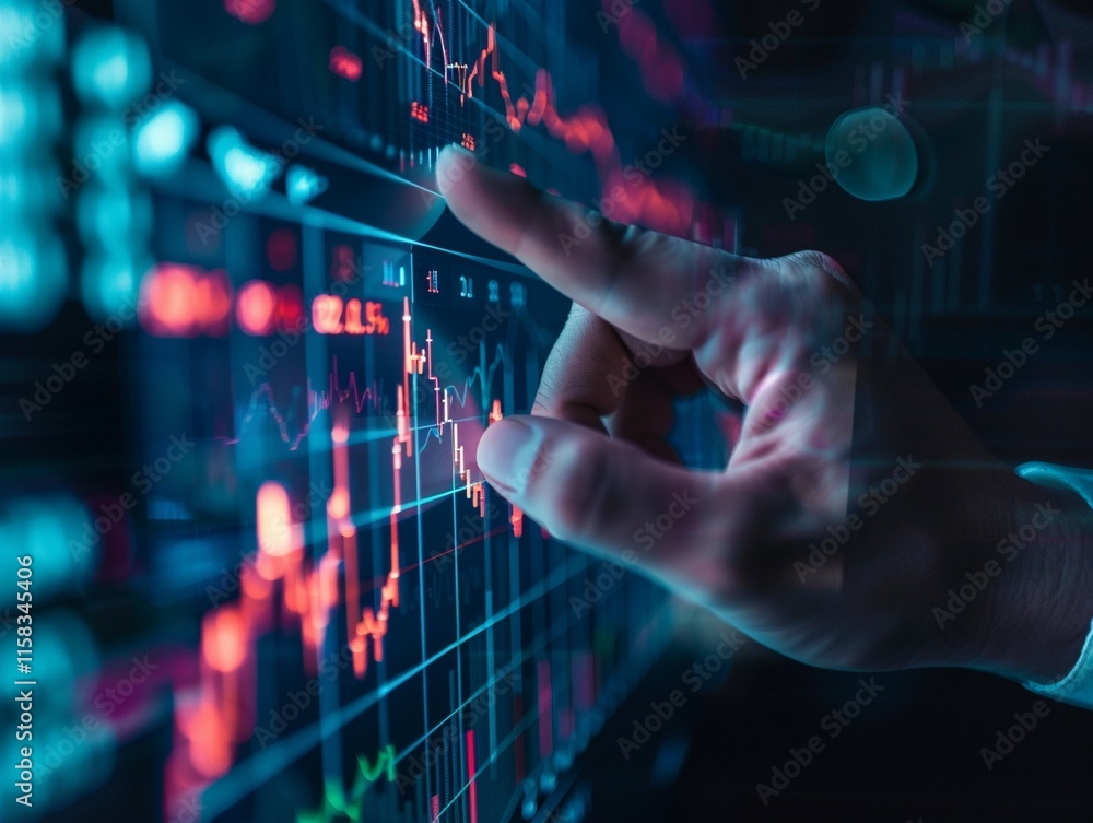 Businessman hand pointing to stock market graph Businessman hand pointing to stock market graph