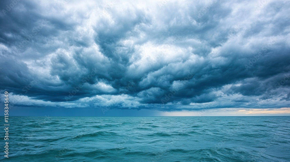 Obraz premium Open ocean with choppy waves under dramatic stormy clouds. Natural seascape photography.