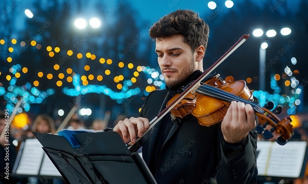 Fototapeta premium Outdoor Christmas concert featuring musicians, festive atmosphere, twinkling lights, joyful crowd, winter season celebration, community spirit.