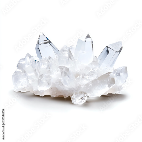 A stunning cluster of clear quartz crystals showcasing natural beauty, ideal for healing and decor, on a white isolated background. photo