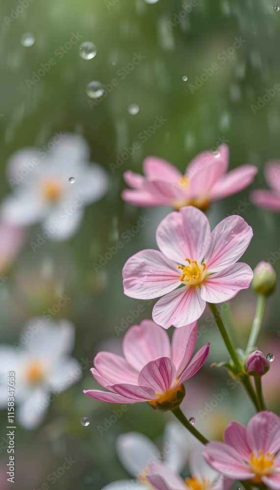 spring flowers rain drops, abstract blurred background flowers fresh rain, flat design, with white tones spring flowers rain drops, abstract blurred background flowers fresh rain, flat design, with white tones