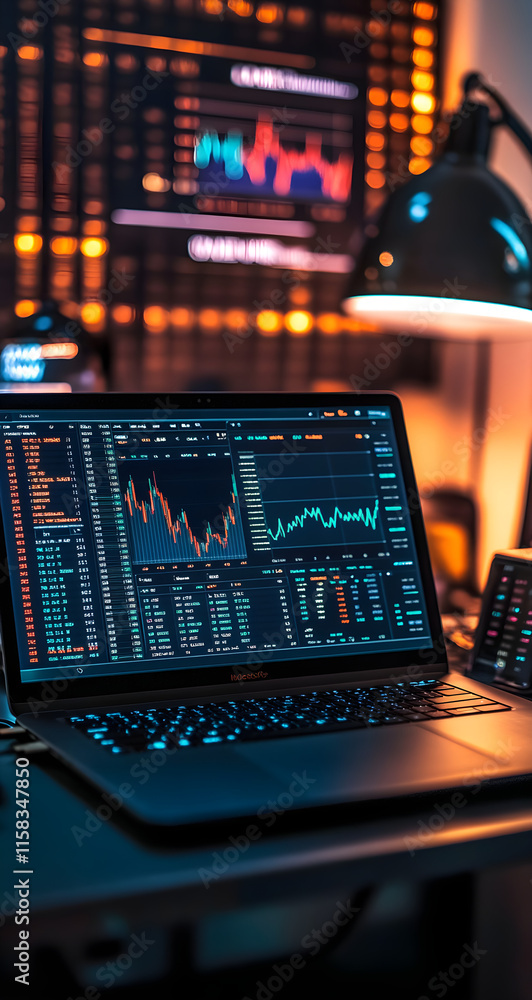 Laptop with Financial Charts in Modern Trading Workspace, AI GENERATIVE Laptop with Financial Charts in Modern Trading Workspace, AI GENERATIVE
