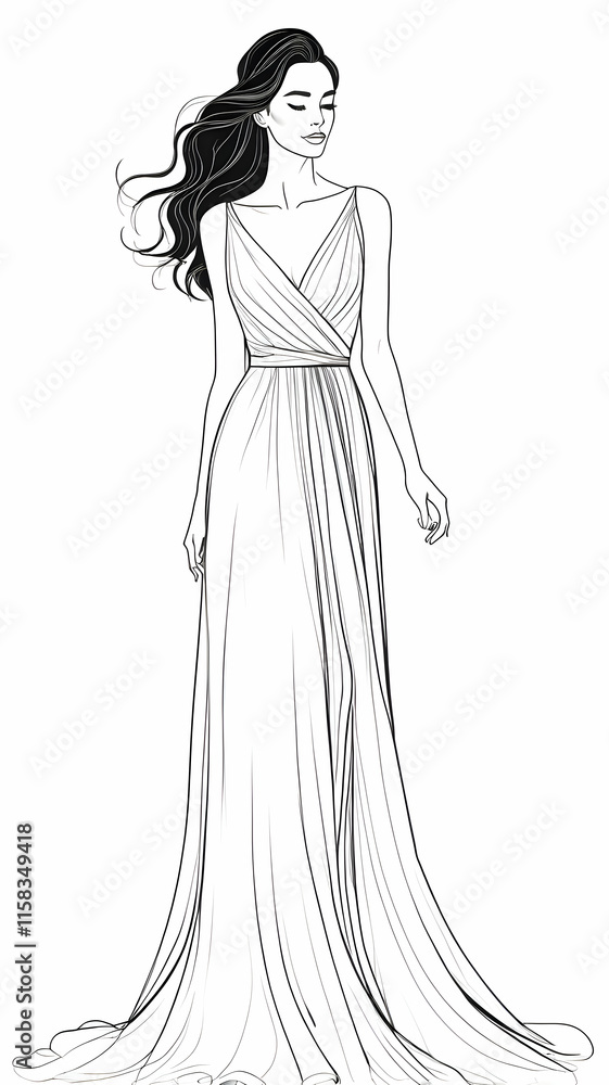 Beautiful woman in long flowing dress in continuous line art drawing style. Girl wearing luxury evening or bridal gown. Minimalist black linear sketch isolated Beautiful woman in long flowing dress in continuous line art drawing style. Girl wearing luxury evening or bridal gown. Minimalist black linear sketch isolated