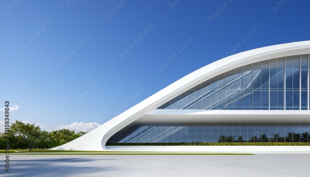 A modern architectural structure with a sleek design and large glass windows, set against a clear blue sky and surrounded by green landscaping. A modern architectural structure with a sleek design and large glass windows, set against a clear blue sky and surrounded by green landscaping.