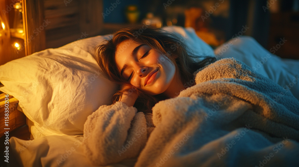 Cozy nighttime atmosphere with a young woman sleeping peacefully in bed. Cozy nighttime atmosphere with a young woman sleeping peacefully in bed.