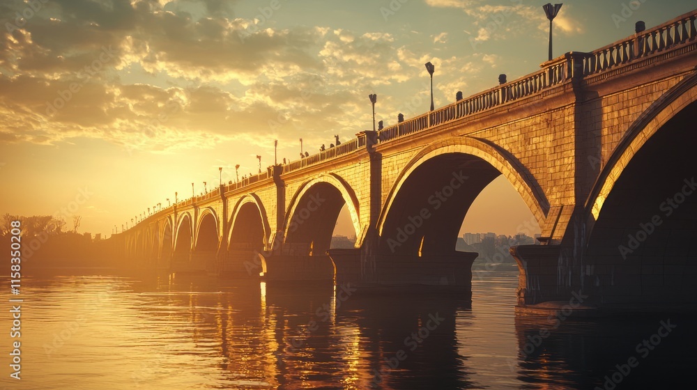 Fototapeta premium A serene sunset view of a bridge reflecting on calm waters.