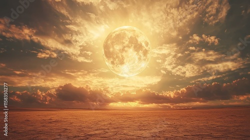 A dramatic sunset over a calm ocean, with vibrant colors and clouds illuminating the sky.