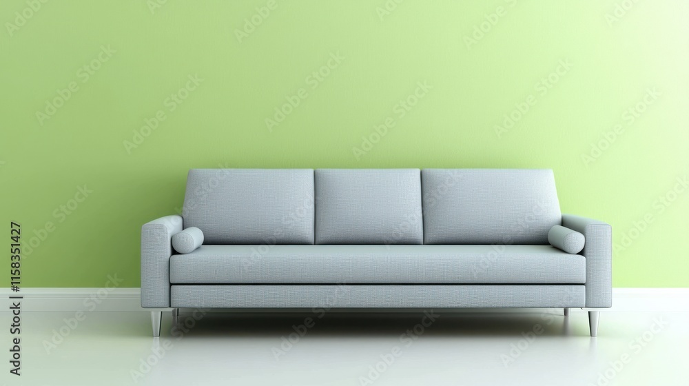 A minimalist living room scene featuring a light gray sofa against a green wall. A minimalist living room scene featuring a light gray sofa against a green wall.