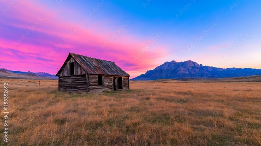 Serene Sunset: Wide Shot Photo of Rustic Cabin in Mountain Meadow. AI Generated Serene Sunset: Wide Shot Photo of Rustic Cabin in Mountain Meadow. AI Generated