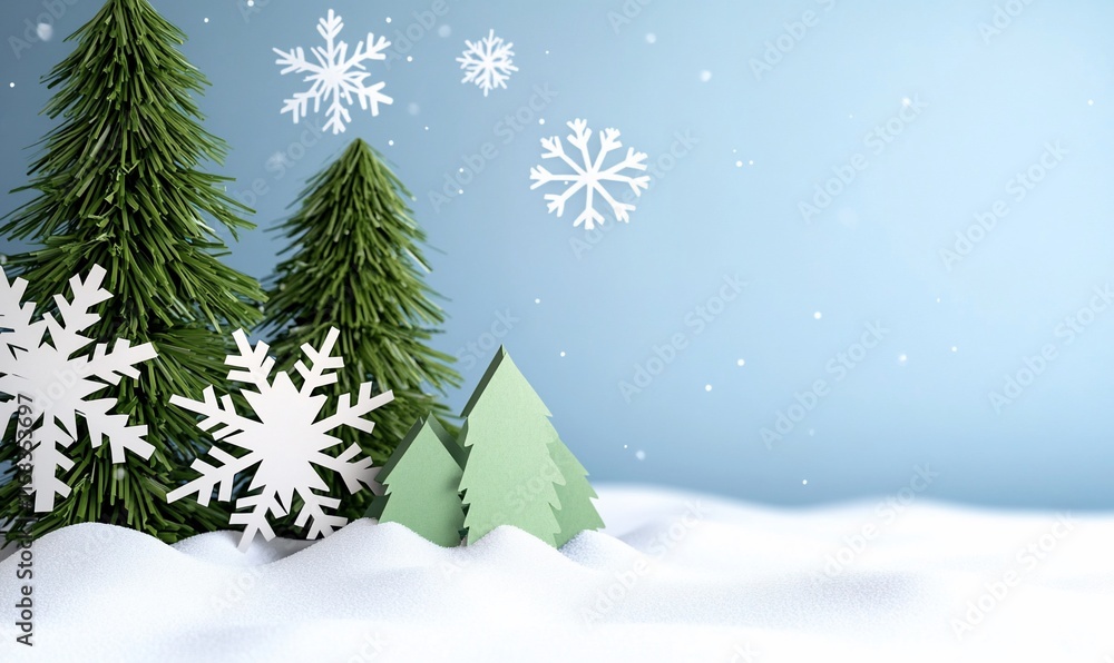 Obraz premium A winter scene featuring paper trees and snowflakes against a blue background.