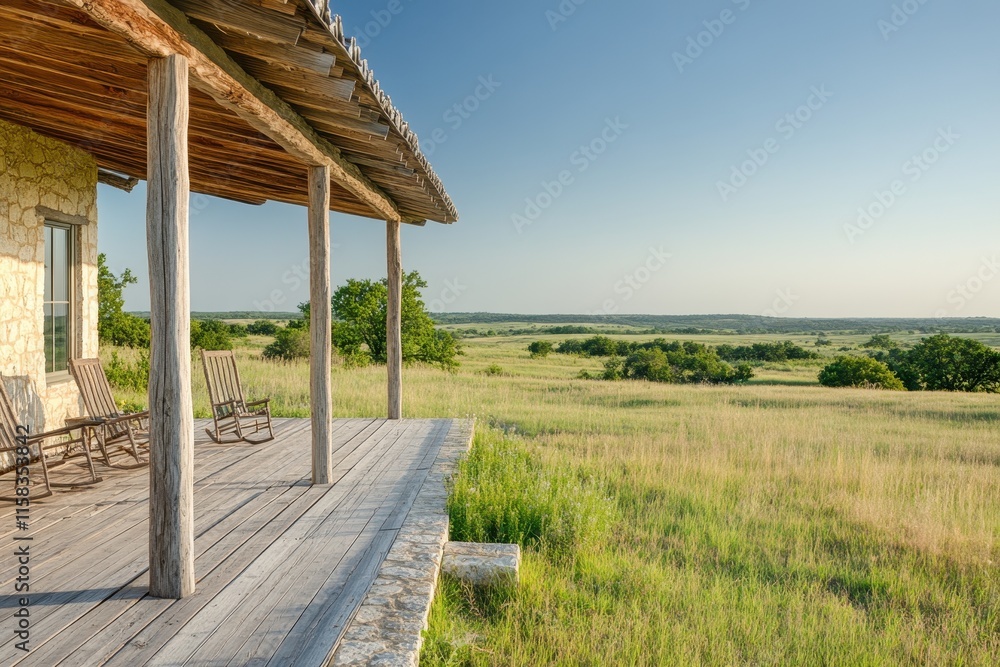 Rustic Porch Overlooks Expansive Texas Prairie Landscape Rustic Porch Overlooks Expansive Texas Prairie Landscape