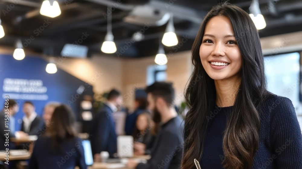 Networking event with young professional woman modern office business meeting collaborative environment Networking event with young professional woman modern office business meeting collaborative environment