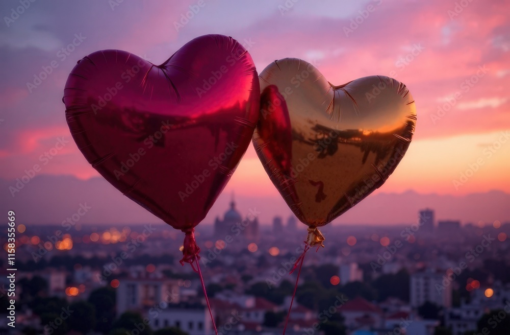 Fototapeta premium A pair of heart-shaped balloons, one red and one gold, floating above a cityscape