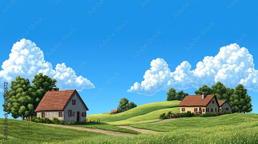 Obraz premium Vibrant Digital Painting: Idyllic Village Scene Under a Sunny Sky. AI Generated