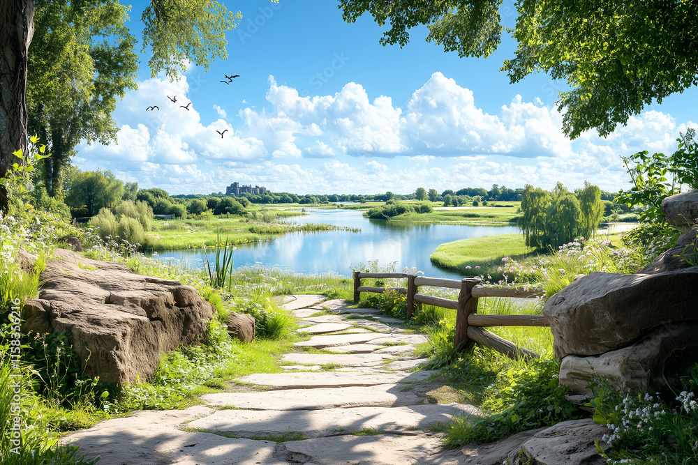 A serene lake surrounded by lush greenery, with birds soaring above and wildflowers blooming along the shore, marking the peaceful arrival of spring. A serene lake surrounded by lush greenery, with birds soaring above and wildflowers blooming along the shore, marking the peaceful arrival of spring.