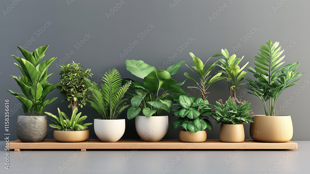 Fototapeta premium Stylish potted plants display on a wooden shelf, A modern, minimalist display showcasing a variety of lush green plants in various styles, placed in attractive round pots, arranged on a light brown wo