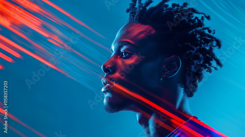 Dynamic Male Track and Field Athlete in Full Stride on Blue Background, Enhanced with Red Neon and Digital Lines  