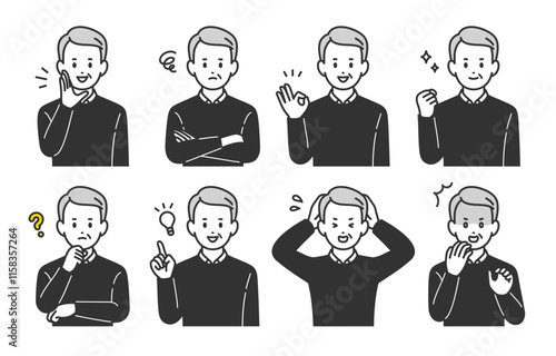 いろいろな表情やポーズをするシニア男性･高齢者のセット【人物ベクターイラスト素材】