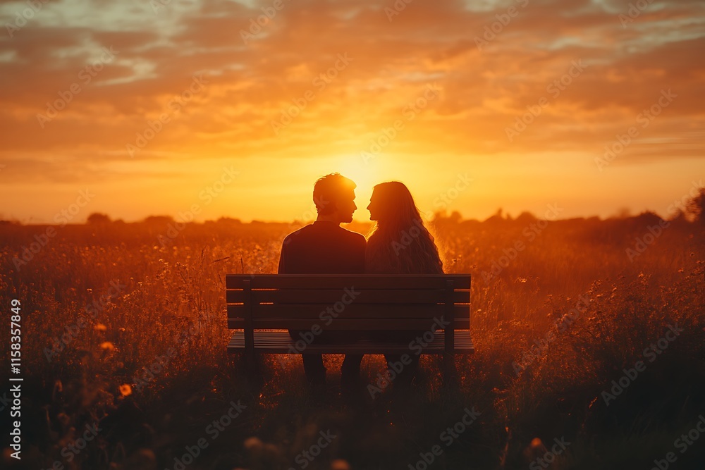 Obraz premium Couple silhouetted on bench at sunset. (1)
