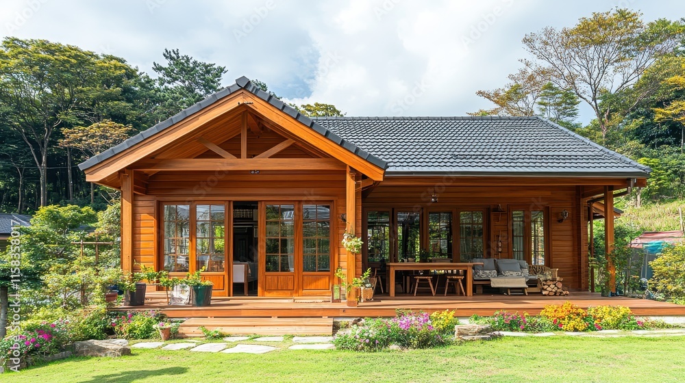Wooden Cabin Home nestled in a lush green forest setting Wooden Cabin Home nestled in a lush green forest setting