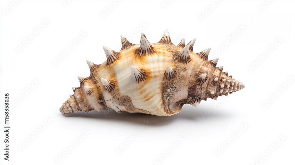 Close-up Photo: Strikingly Detailed Spiked Seashell Against Pure White Background. AI Generated Close-up Photo: Strikingly Detailed Spiked Seashell Against Pure White Background. AI Generated