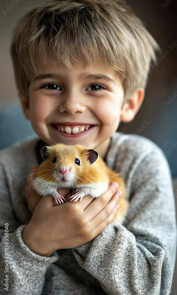 A young boy is holding a hamster in his arms A young boy is holding a hamster in his arms