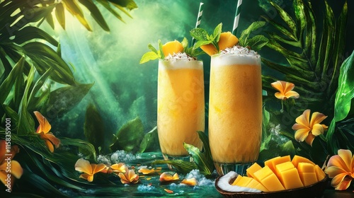 Exquisite tropical smoothies made with mango and coconut served in tall glasses, garnished with fresh mint leaves and surrounded by vivid greens and florals. photo