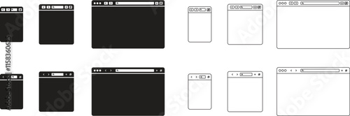 Browser window flat, line icons set . Design template with browser window for website and mobile app device. Internet page concept for desktop and smartphone vectors isolated on transparent background