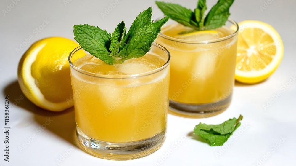 Close-up Photo: Refreshing Lemon Mint Cocktails Glimmering on Bright Surface. AI Generated Close-up Photo: Refreshing Lemon Mint Cocktails Glimmering on Bright Surface. AI Generated