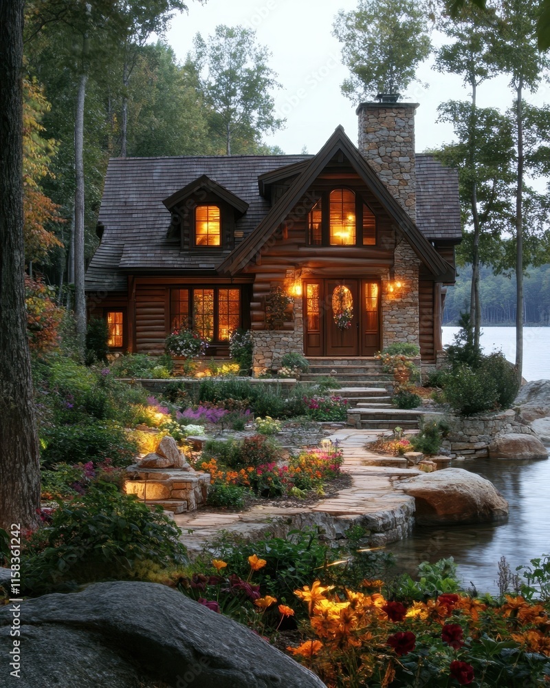 Fototapeta premium Illuminated Log Cabin Lakeside Garden Retreat
